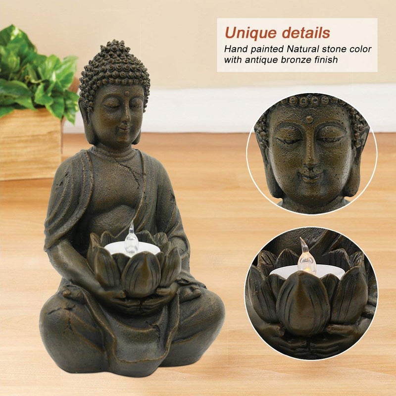 Goodeco Meditation Small Buddha Statue Figurine -Buddha with LED Tea Lights Candle Holder,Gift idea,Zen Home Decor Meditation Accessories 8" - Image 4